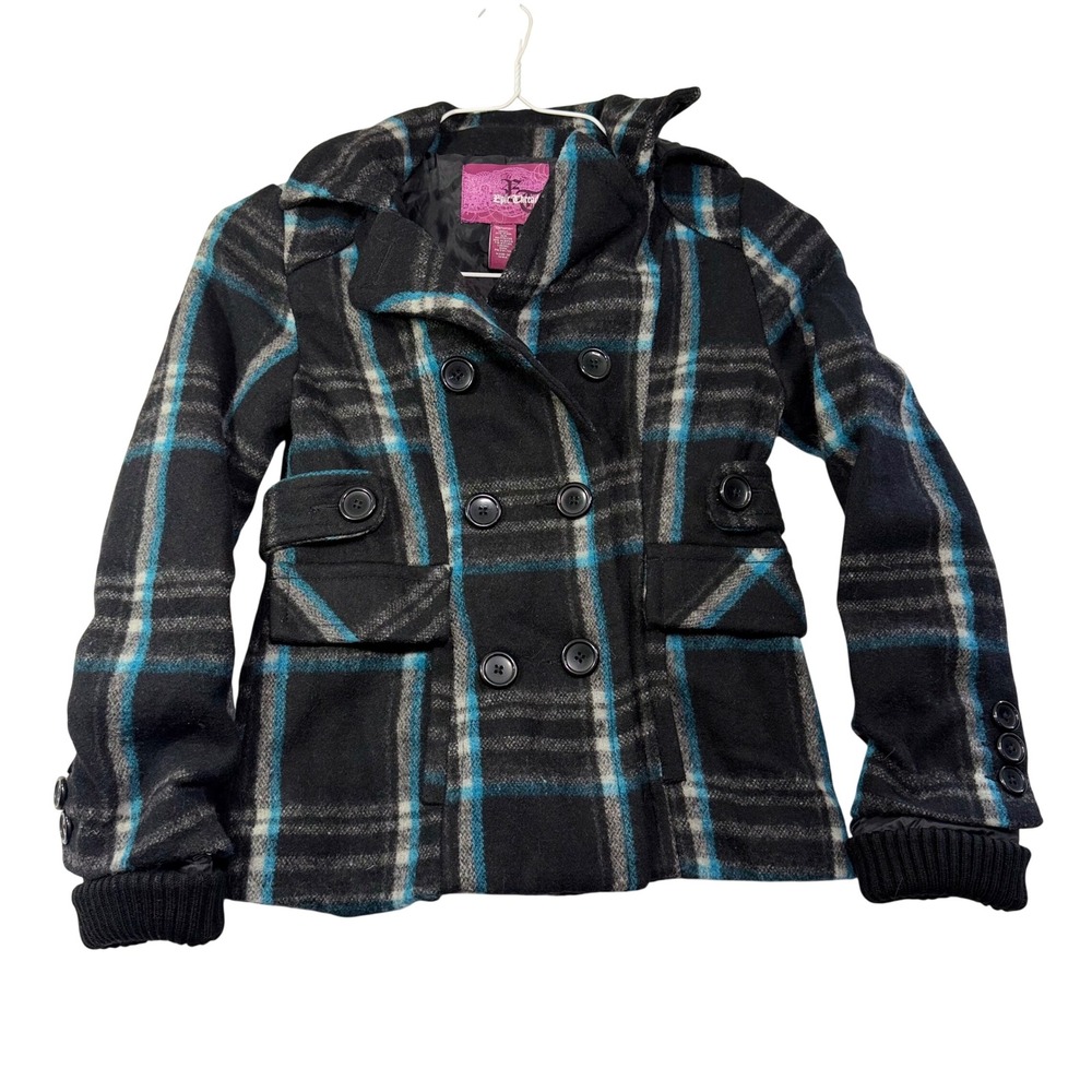 Epic Threads Girls Black Teal Blue Plaid Double Breasted Pea Coat Jacket Size M